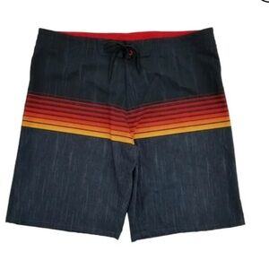 Mens Black Heather Red & Orange Stripe Board Shorts Surf Shorts Swim Trunks